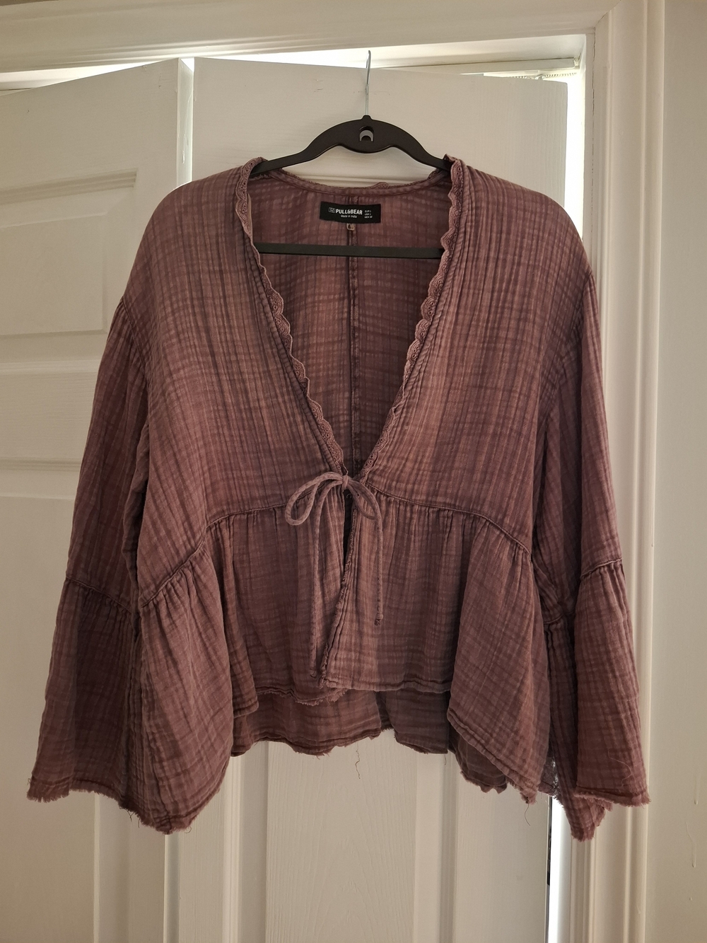 Pull&Bear Mauve Gauze Tie-Front Peasant Top